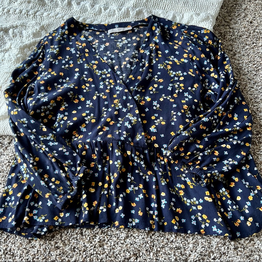 Loft Navy Floral Faux Wrap Peplum Top Size XL